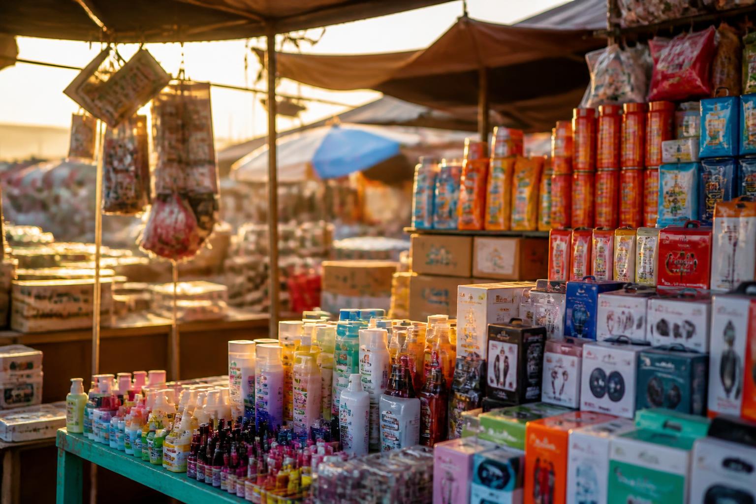 Packaged consumer goods stacked on stalls at an East African open-air market
