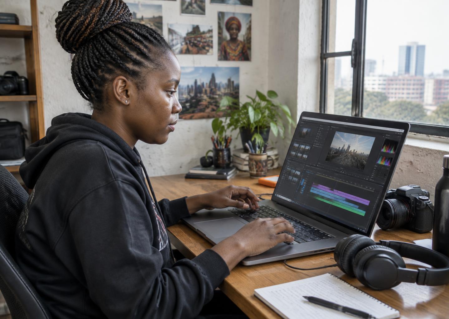 Illustrative African content creator editing video