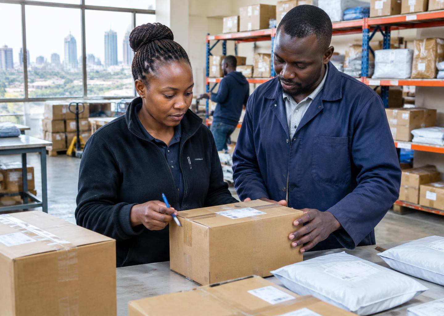 Illustrative African distribution staff reviewing a shipment