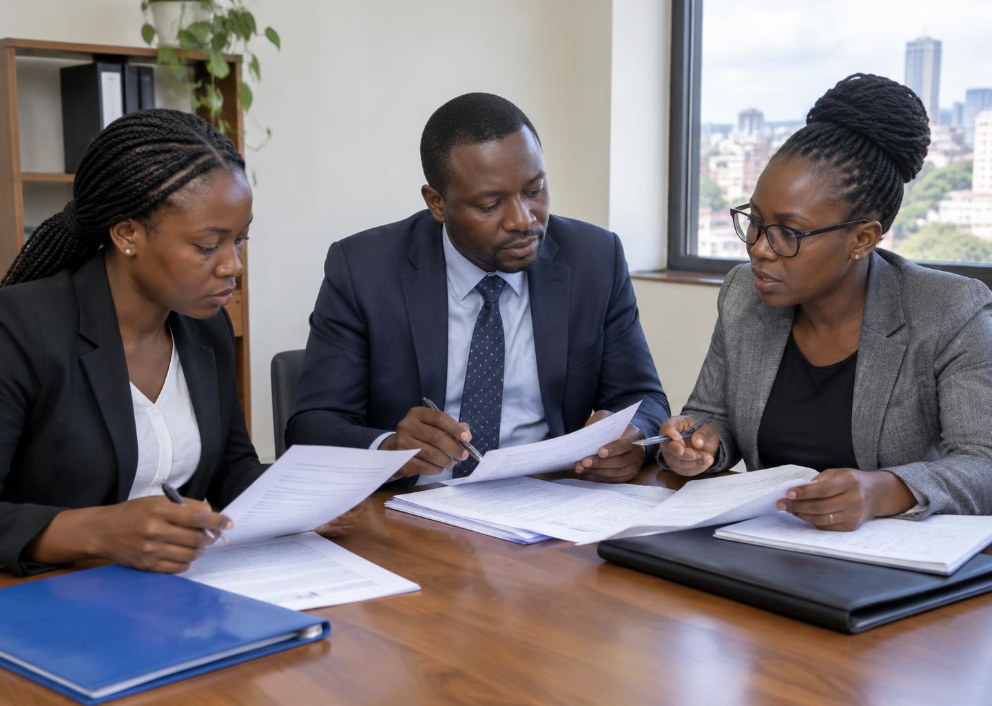Illustrative African legal professionals reviewing documents