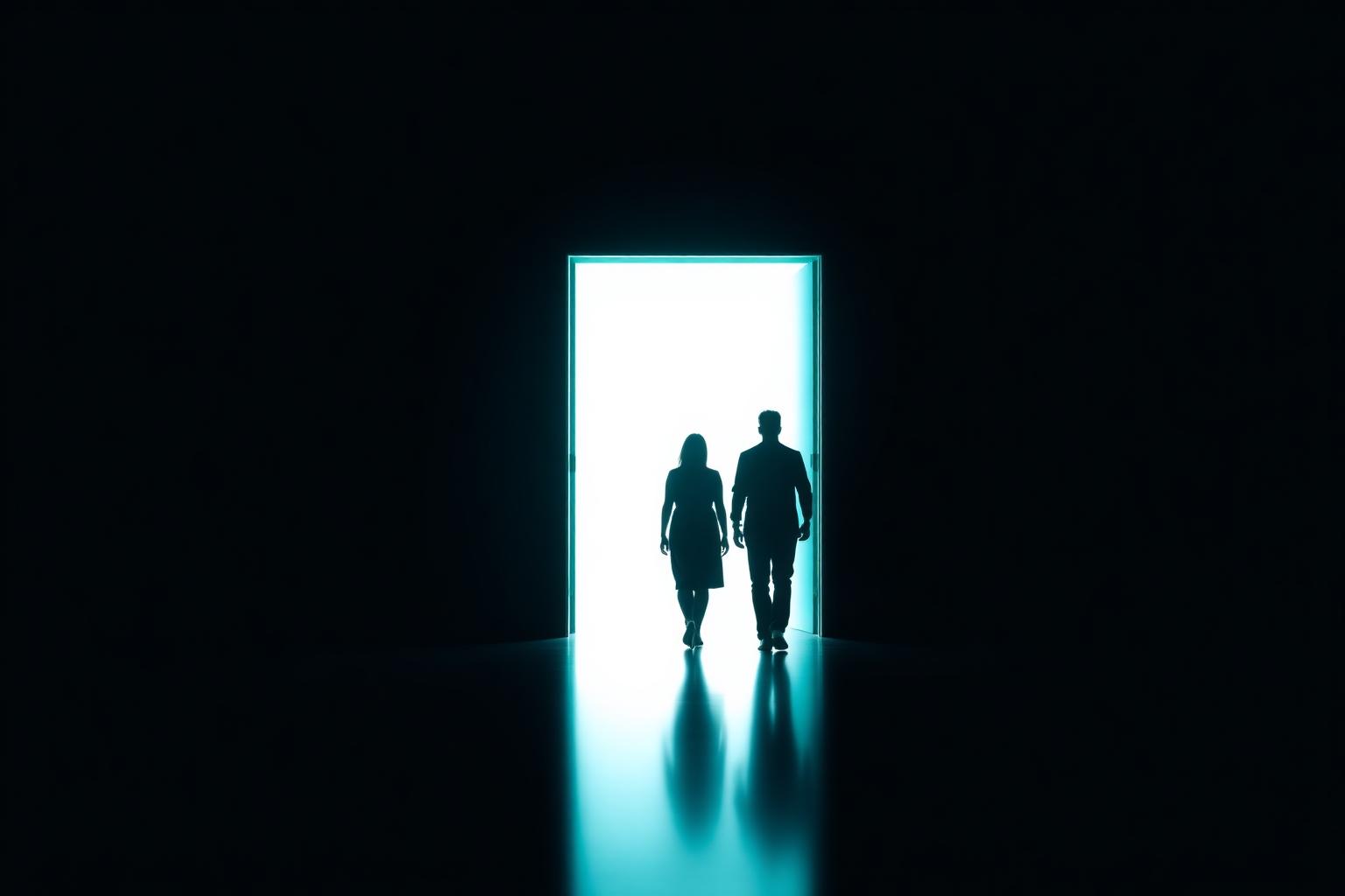 Two silhouettes walking through a glowing doorway representing career opportunity