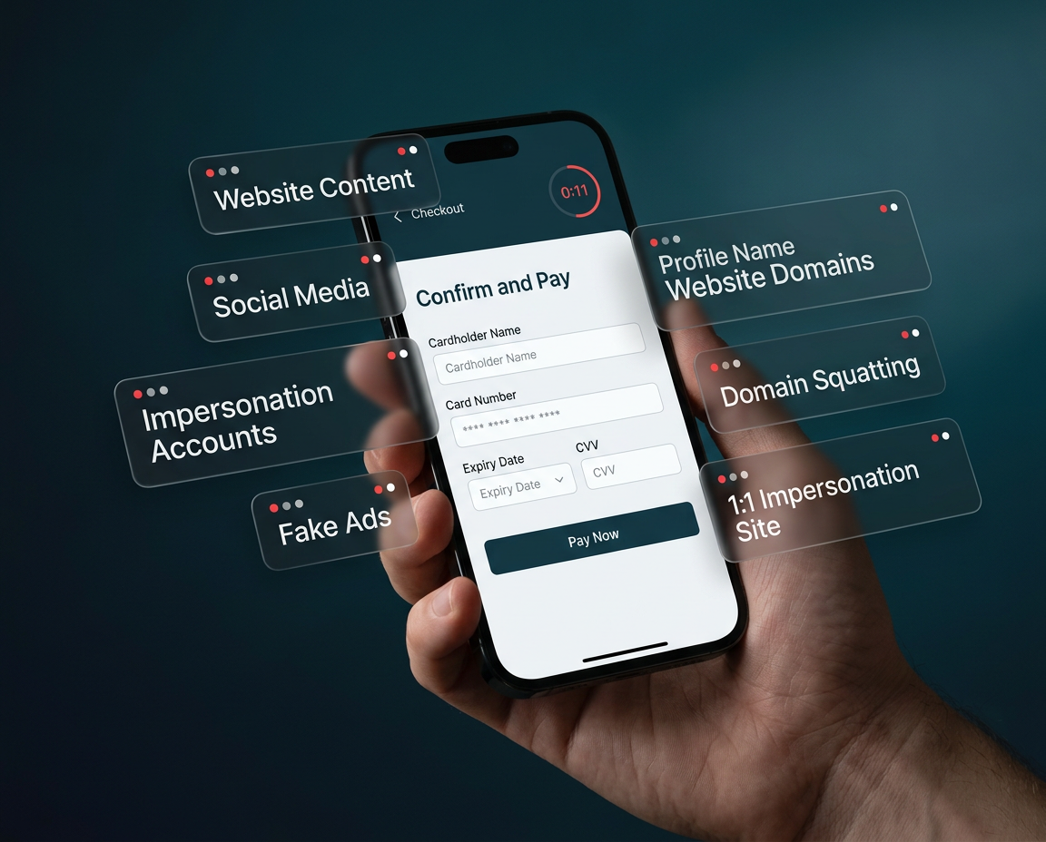 Smartphone showing fake brand checkout surrounded by impersonation threat tags