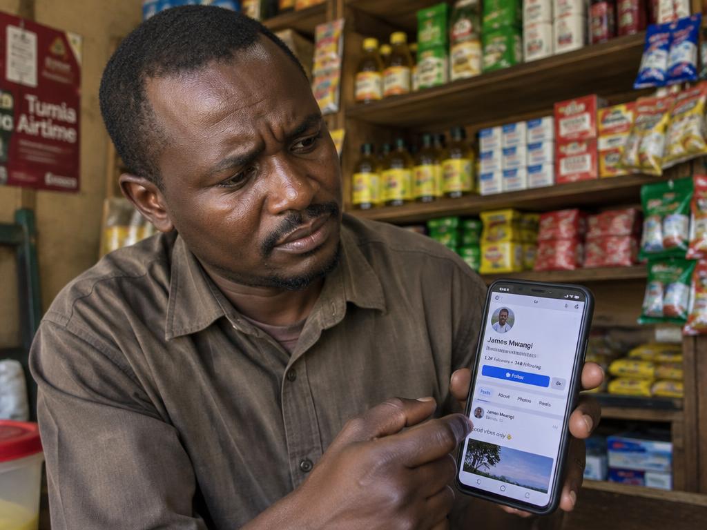 A shopkeeper in East Africa looking at a social media profile on his phone