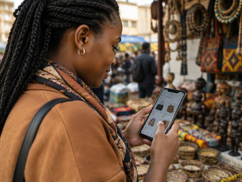 A shopper in a Nairobi market browsing product listings on her phone
