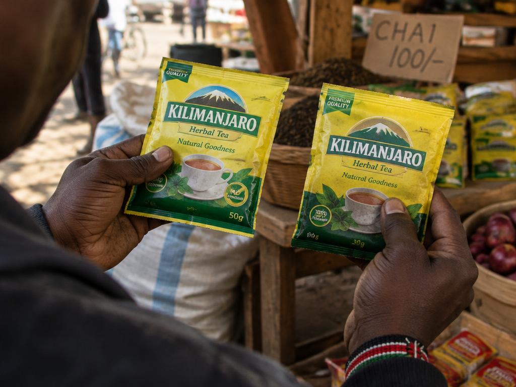 A trader comparing two nearly identical tea packages at a Kenyan market stall